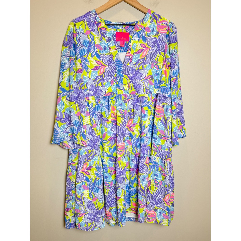 Lilly Pulitzer Martine Dress L Dew Drop Stay Fly Purple Tiered 3/4 Sleeve Mini